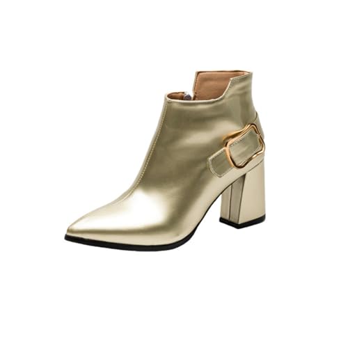 Damen Spitz Zehen Kurze Stiefel Hoher Stämmiger Absatz Stiefeletten Mit Reißverschluss PU Leder Chelsea-Stiefel Mit Schnalle,Gold,40 EU von Generic