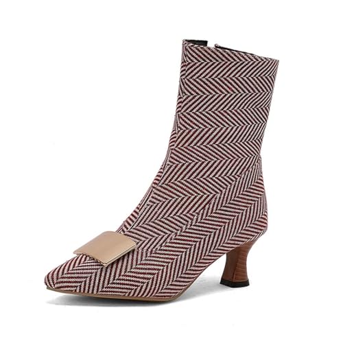 Damen Spitz Zehen Kurze Stiefel Mit Reißverschluss Mittlerer Kätzchen Absatz Stiefeletten Kunstwildleder Stiefeletten Mit Metallverschluss,Rot,45 EU von Generic