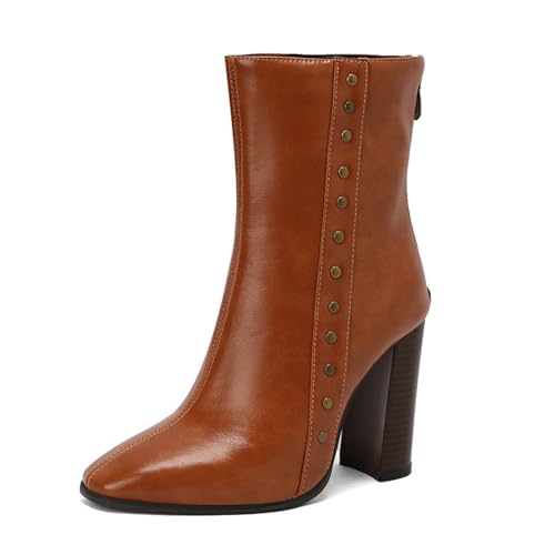 Damen Spitz Zehen Kurze Stiefel Mit Reißverschluss PU-Leder Chelsea-Stiefel Mit Nieten Klobigem Hohen Absatz Stiefeletten,Braun,39 EU von Generic