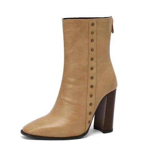 Damen Spitz Zehen Kurze Stiefel Mit Reißverschluss PU-Leder Chelsea-Stiefel Mit Nieten Klobigem Hohen Absatz Stiefeletten,Gelb,42 EU von Generic
