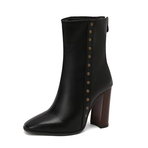 Damen Spitz Zehen Kurze Stiefel Mit Reißverschluss PU-Leder Chelsea-Stiefel Mit Nieten Klobigem Hohen Absatz Stiefeletten,Schwarz,38 EU von Generic