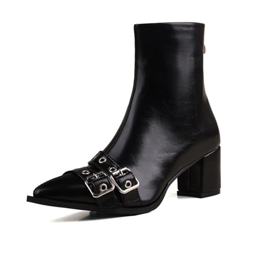 Damen Spitz Zehen Kurze Stiefel Mittlerer Blockabsätze Stiefeletten Mit Reißverschluss PU-Leder Chelsea-Stiefeletten Mit Schnalle,Schwarz,46 EU von Generic
