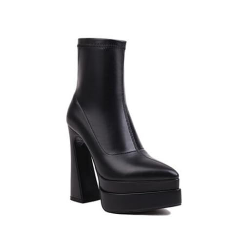 Damen Spitz-Zehen Plattform Stiefeletten Hoher Stämmiger Ferse Kurzstiefel PU Leder Chelsea Stiefel Mit Reißverschluss,Schwarz,38.5 EU von Generic