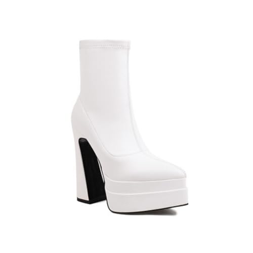 Damen Spitz-Zehen Plattform Stiefeletten Hoher Stämmiger Ferse Kurzstiefel PU Leder Chelsea Stiefel Mit Reißverschluss,Weiß,35 EU Damen Spitz-Zehen Plattform Stiefeletten Hoher Stämmiger Ferse Kurzstiefel PU Leder Chelsea Stiefel Mit Reißverschluss,Weiß,35 EU von Generic