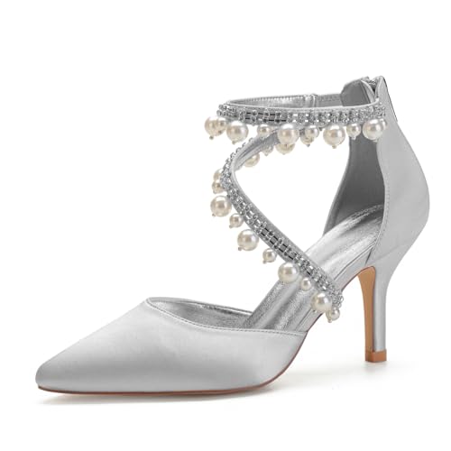 Damen Spitz Zehen Satin Brautschuhe Hoher Pfennigabsatz Hochzeit Pumps Mit Perle Knöchelriemen Partei Abschlussball Kleid Schuhe Mit Reißverschluss,Silber,40 EU Damen Spitz Zehen Satin Brautschuhe Hoher Pfennigabsatz Hochzeit Pumps Mit Perle Knöchelriemen Partei Abschlussball Kleid Schuhe Mit Reißverschluss,Silber,40 EU von Generic