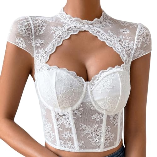 Damen Spitze Dirndlbluse Elegante Cut Outs Dirndl Bluse Trachtenbluse Spitzentop Festival Outfit für Oktoberfest von Generic