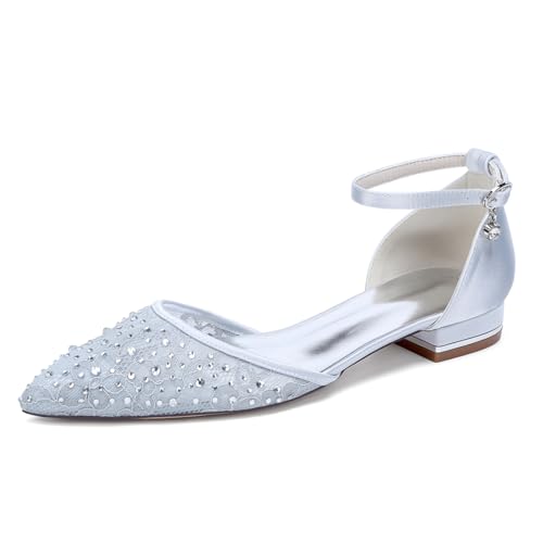 Damen Spitze Hochzeit Flach Verstellbarer Knöchelriemen Brautschuhe Mit Strass Geschlossen Spitze Brautkleid Sandalen Niedrige Blockabsätze Ballettschuhe,Silber,40 EU Damen Spitze Hochzeit Flach Verstellbarer Knöchelriemen Brautschuhe Mit Strass Geschlossen Spitze Brautkleid Sandalen Niedrige Blockabsätze Ballettschuhe,Silber,40 EU von Generic