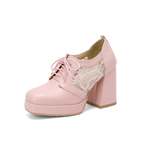 Damen Spitze Klassisch Mary Janes Vintage Quadratisch Geschlossene Zehen Pumps Retro Schnürschuhe Chunky Block Freizeitschuhe,Rosa,38.5 EU von Generic