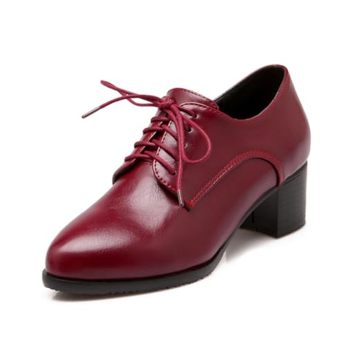Damen Spitze Oxford Schuhe Mittelgroß Chunky Schnürschuhe Vintage Wingtip Oxfords Pumps Retro Brogues Kleid Schuhe,Wine red,38 EU von Generic