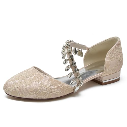 Damen Spitze Riemchen Sandalen Mit Strass Flache Absatz Ballerina Schuhe Geschlossene Runde Zehen Hochzeitsschuhe Für Braut,Champagne,38.5 EU von HXTYXCQ