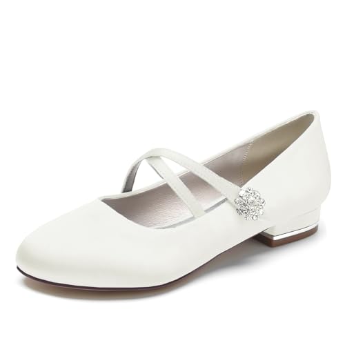 Damen Spitze Runde Zehe Hochzeit Schuhe Flache Brautjungfer Schuhe Kreuz niedrige Brautschuhe,Elfenbein,43 EU von Generic