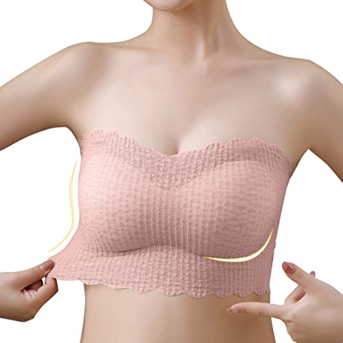 Damen Spitze Trägerloser BH Ohne Bügel Bandeau BH Push Up Unsichtbarer BH Dehnbar Tube Top BH Gepolstert Nahtloser Bralette mit Abnehmbare Träger (Beige, XL/XXL) von Generic