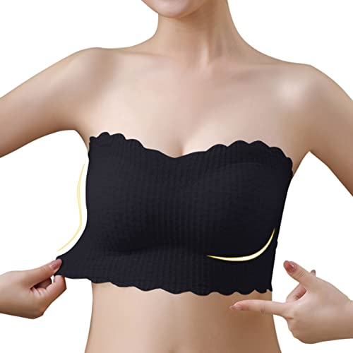 Damen Spitze Trägerloser BH Ohne Bügel Bandeau BH Push Up Unsichtbarer BH Dehnbar Tube Top BH Gepolstert Nahtloser Bralette mit Abnehmbare Träger (Schwarz, M/L) von Generic