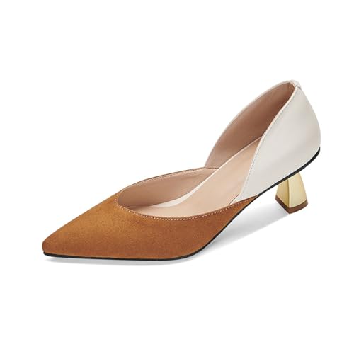 Damen Spitze Zehen High Heels PU-Leder Wildleder Mid Heel Slip-On Chunky Block Schuhe für Dress Office,Braun,35 EU von Generic