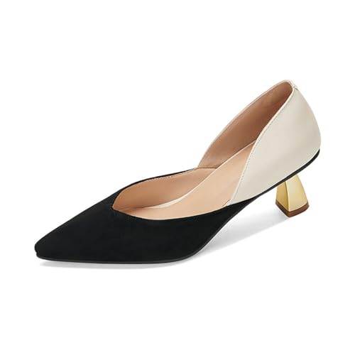 Damen Spitze Zehen High Heels PU-Leder Wildleder Mid Heel Slip-On Chunky Block Schuhe für Dress Office,Schwarz,37 EU von Generic