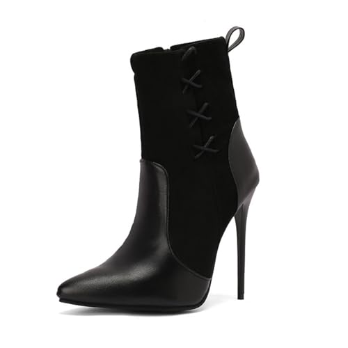 Damen Spitze Zehen PU-Leder Bottes Courtes Hoher Pfennigabsatz Kleid Pumps Schnüren Stiefeletten Mit Reißverschluss,Schwarz,46 EU von Generic