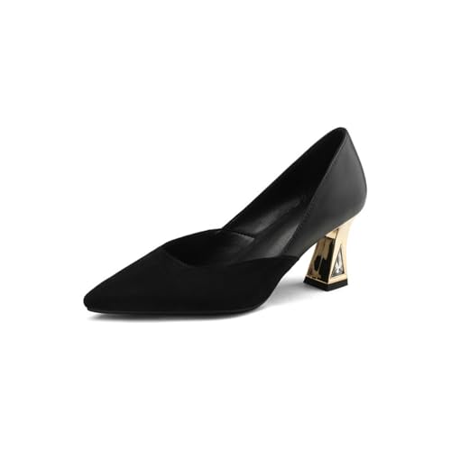 Damen Spitze Zehen Pumps Schwarz Und Weiß Farbblock-Stil Gold Dekorative Absätze Slip On Schickes Kleid Büro Party Abendschuhe,Schwarz,34 EU von Generic
