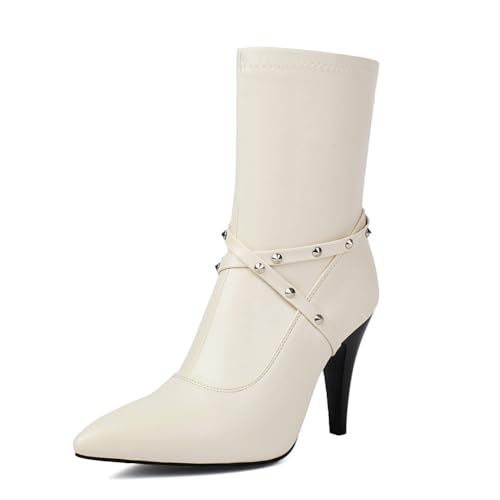 Damen Spitze Zehen Stiefeletten Mit Nieten Hoher Pfennigabsatz Punk Kurze Stiefel Mit Seitlichem Reißverschluss PU-Leder Kleid Pumps,Beige,41.5 EU von Generic