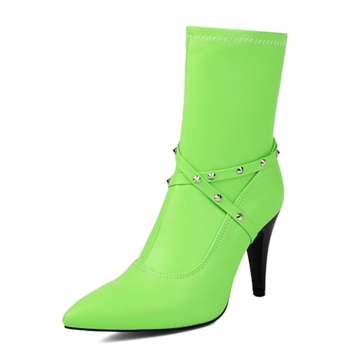 Damen Spitze Zehen Stiefeletten Mit Nieten Hoher Pfennigabsatz Punk Kurze Stiefel Mit Seitlichem Reißverschluss PU-Leder Kleid Pumps,Grün,41 EU von Generic