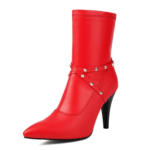 Damen Spitze Zehen Stiefeletten Mit Nieten Hoher Pfennigabsatz Punk Kurze Stiefel Mit Seitlichem Reißverschluss PU-Leder Kleid Pumps,Rot,46 EU von Generic