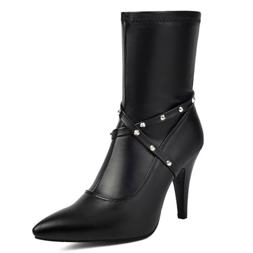 Damen Spitze Zehen Stiefeletten Mit Nieten Hoher Pfennigabsatz Punk Kurze Stiefel Mit Seitlichem Reißverschluss PU-Leder Kleid Pumps,Schwarz,35.5 EU von Generic