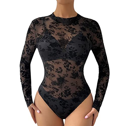 Damen Spitzen Body Elegant Bodysuit Sommer Bodys Langarm Oberteil mit Stickereien ，Tanga Design für Ballett Sport Yoga Tanz Disko Kostüm Fasching von Generic