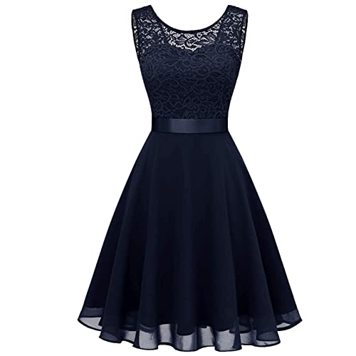 Damen Spitzenkleid Elegant Cocktailkleid Knielang Rockabilly Klied Ärmellos Vintage Retro Hepburn Festliche Klieder Spitzen Abendkleider für Hochzeit Gast Brautjungfernkleider Partykleid von Generic