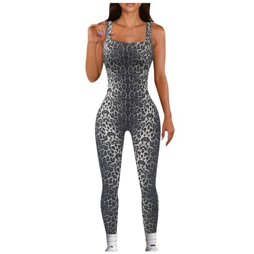 Damen Sport Jumpsuit Leopard Ärmellos Einteiliges Outfit Lang Kuschelig Sport Overall Eng Workout Bodysuit One Piece Tank Tops Stretch Langarm Bodycon Strampler Sportanzug von Generic