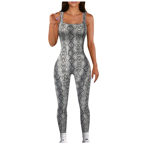 Damen Sport Jumpsuit Leopard Ärmellos Einteiliges Outfit Lang Kuschelig Sport Overall Eng Workout Bodysuit One Piece Tank Tops Stretch Langarm Bodycon Strampler Sportanzug von Generic