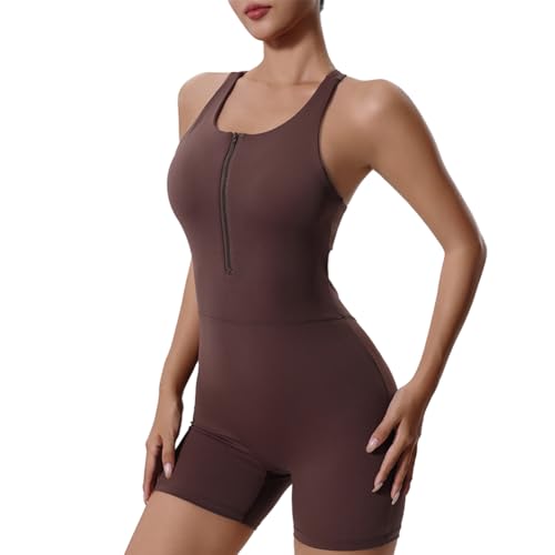 Damen Sport Jumpsuit mit Reißverschluss und integriertem BH Kurz Bodysuit Elegant Tanz Fitness Drinnen Draußen Kaffee,Größe M von Generic