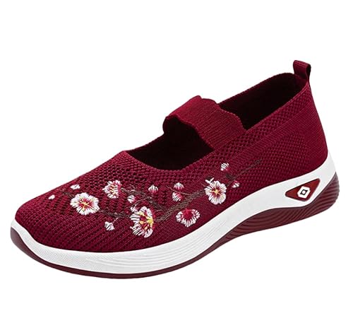 Damen-Sportschuhe für Frühling und Herbst, modisch, atmungsaktiv leicht rutschfest verschleißfest lässig Sportschuhe atmungsaktiv Flache Slipper aus Mesh,Rot,38 EU von Generic