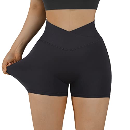 Damen Sportshort High Waist Kurze Sport Legging Bauchkontrolle Yoga Shorts Scrunch Butt Tights Hose Sportleggins Radlerhose Laufshorts Hosen Hotpant für Jeans Hotpants Damen Kurz (Black, L) von Generic