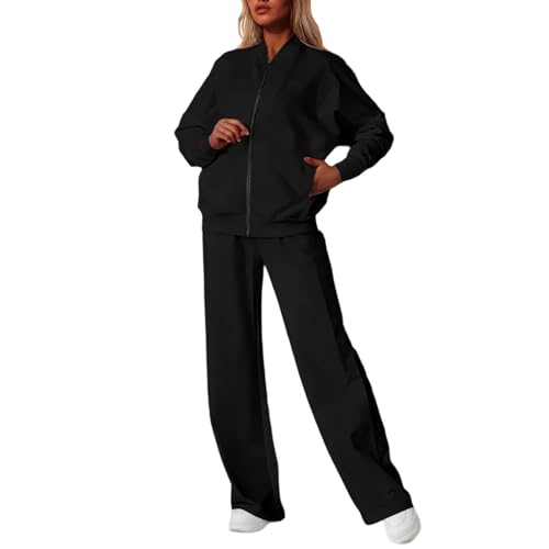 Damen Sportswear-Jogginganzüge Mode Einfarbige Sweatjacke mit Reißverschluss + Jogginghose 2-teiliges Trainingsanzug Set,Lässig Activewear Hosenanzug Sportanzug (Black, XXXL) von Generic