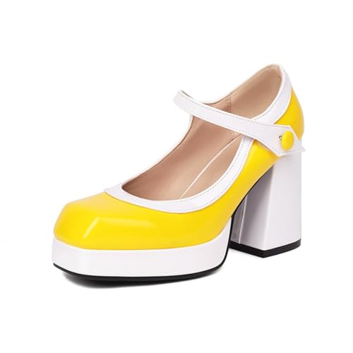 Damen Square Closed Toe Mary Jane Schuhe Plateau Chunky Block High Heels Retro Leder Colorblock Block Schuhe,Gelb,40 EU Damen Square Closed Toe Mary Jane Schuhe Plateau Chunky Block High Heels Retro Leder Colorblock Block Schuhe,Gelb,40 EU von Generic