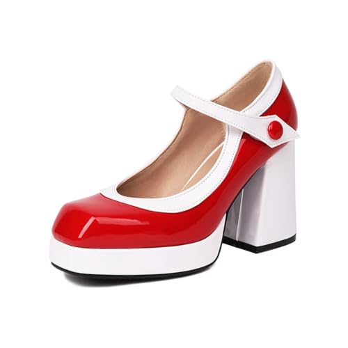 Damen Square Closed Toe Mary Jane Schuhe Plateau Chunky Block High Heels Retro Leder Colorblock Block Schuhe,Rot,45 EU von Generic