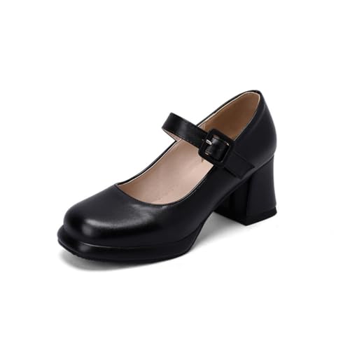 Damen Square Closed Toe Mary Janes Mid Chunky Block Pumps Knöchelriemen Heels mit spezieller Schnalle Kleid Partyschuhe,Schwarz,33 EU von Generic
