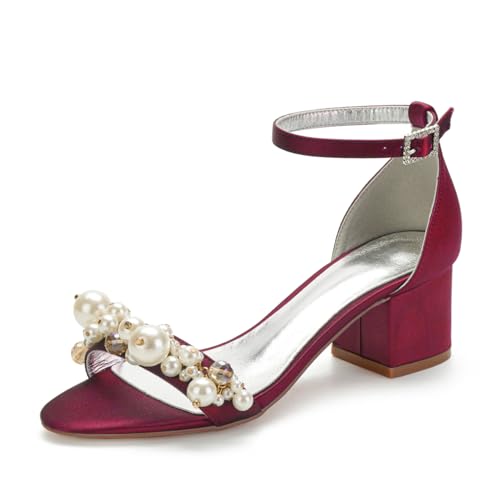 Damen Stämmiger Blockabsatz Perlen Hochzeit Sandalen Knöchelriemen Party Abend Ballkleid Schuhe Offene Spitze Pumpe Satin Komfort Täglich Sandalen,Burgundy,38 EU Damen Stämmiger Blockabsatz Perlen Hochzeit Sandalen Knöchelriemen Party Abend Ballkleid Schuhe Offene Spitze Pumpe Satin Komfort Täglich Sandalen,Burgundy,38 EU von FQMAYPO