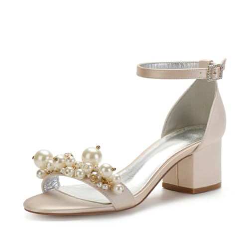 Damen Stämmiger Blockabsatz Perlen Hochzeit Sandalen Knöchelriemen Party Abend Ballkleid Schuhe Offene Spitze Pumpe Satin Komfort Täglich Sandalen,Champagne,38 EU Damen Stämmiger Blockabsatz Perlen Hochzeit Sandalen Knöchelriemen Party Abend Ballkleid Schuhe Offene Spitze Pumpe Satin Komfort Täglich Sandalen,Champagne,38 EU von FQMAYPO