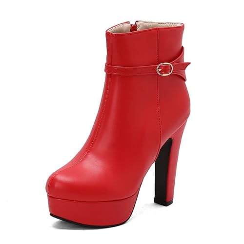 Damen Stämmiger Blockasbatz Kurze Stiefel Mit Schnalle Runde Zehe Plateaustiefeletten PU-Leder Retro-Stiefeletten Mit Reißverschluss,Rot,38.5 EU von Generic