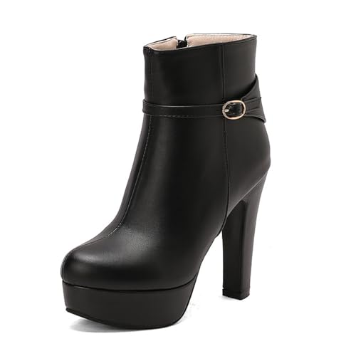 Damen Stämmiger Blockasbatz Kurze Stiefel Mit Schnalle Runde Zehe Plateaustiefeletten PU-Leder Retro-Stiefeletten Mit Reißverschluss,Schwarz,36 EU von Generic