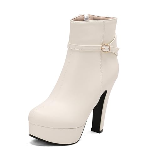 Damen Stämmiger Blockasbatz Kurze Stiefel Mit Schnalle Runde Zehe Plateaustiefeletten PU-Leder Retro-Stiefeletten Mit Reißverschluss,Weiß,44 EU von Generic