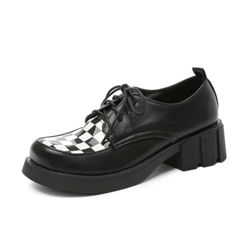 Damen Stämmiger Ferse Plateau Loafer Schnürung Freizeitschuhe Geschlossene Runde Zehen Schulkleid Schuhe,Schwarz,41 EU von Generic