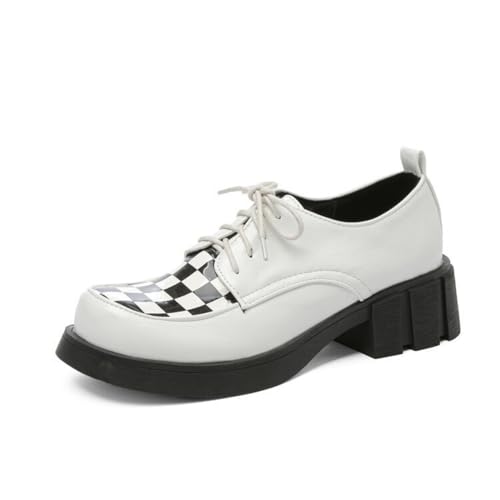 Damen Stämmiger Ferse Plateau Loafer Schnürung Freizeitschuhe Geschlossene Runde Zehen Schulkleid Schuhe,Weiß,35.5 EU von Generic