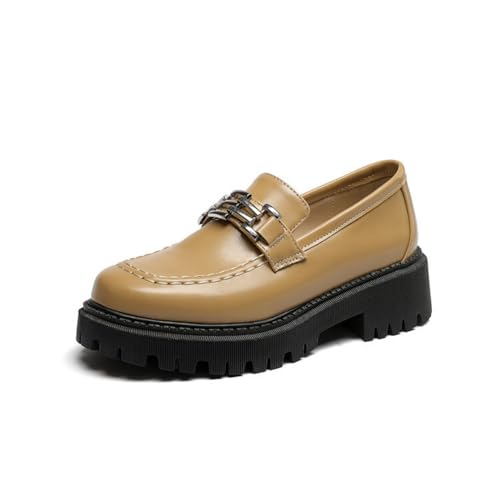 Damen Stämmiger Ferse Plateauschuhe Runde Zehen PU Leder Loafer Mit Metallkette Slip Auf Büroschuhe,Gelb,38 EU von Generic