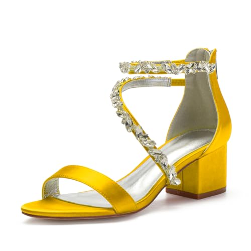 Damen Stämmiger Hoher Absatz Brautkleid Schuhe Knöchelriemen Kristall Pumpe Offene Zehe Satin Brautschuhe Rücken Reißverschluss Bequeme Sandalen,Gelb,38 EU Damen Stämmiger Hoher Absatz Brautkleid Schuhe Knöchelriemen Kristall Pumpe Offene Zehe Satin Brautschuhe Rücken Reißverschluss Bequeme Sandalen,Gelb,38 EU von FQMAYPO