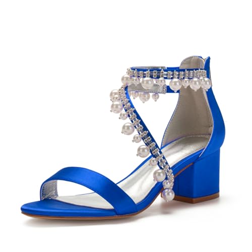 Damen Stämmiger Hoher Absatz Satin Hochzeit Sandalen Offene Zehe Abschlussball Party Kleid Schuhe Knöchelriemen Perle Brautschuhe Mit Reißverschluss,Blau,40 EU Damen Stämmiger Hoher Absatz Satin Hochzeit Sandalen Offene Zehe Abschlussball Party Kleid Schuhe Knöchelriemen Perle Brautschuhe Mit Reißverschluss,Blau,40 EU von FQMAYPO