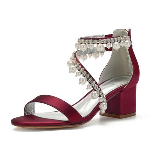 Damen Stämmiger Hoher Absatz Satin Hochzeit Sandalen Offene Zehe Abschlussball Party Kleid Schuhe Knöchelriemen Perle Brautschuhe Mit Reißverschluss,Burgundy,38 EU Damen Stämmiger Hoher Absatz Satin Hochzeit Sandalen Offene Zehe Abschlussball Party Kleid Schuhe Knöchelriemen Perle Brautschuhe Mit Reißverschluss,Burgundy,38 EU von FQMAYPO