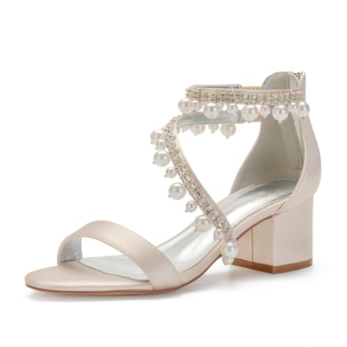 Damen Stämmiger Hoher Absatz Satin Hochzeit Sandalen Offene Zehe Abschlussball Party Kleid Schuhe Knöchelriemen Perle Brautschuhe Mit Reißverschluss,Champagne,38 EU Damen Stämmiger Hoher Absatz Satin Hochzeit Sandalen Offene Zehe Abschlussball Party Kleid Schuhe Knöchelriemen Perle Brautschuhe Mit Reißverschluss,Champagne,38 EU von FQMAYPO