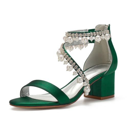 Damen Stämmiger Hoher Absatz Satin Hochzeit Sandalen Offene Zehe Abschlussball Party Kleid Schuhe Knöchelriemen Perle Brautschuhe Mit Reißverschluss,Dark Green,37 EU Damen Stämmiger Hoher Absatz Satin Hochzeit Sandalen Offene Zehe Abschlussball Party Kleid Schuhe Knöchelriemen Perle Brautschuhe Mit Reißverschluss,Dark Green,37 EU von FQMAYPO