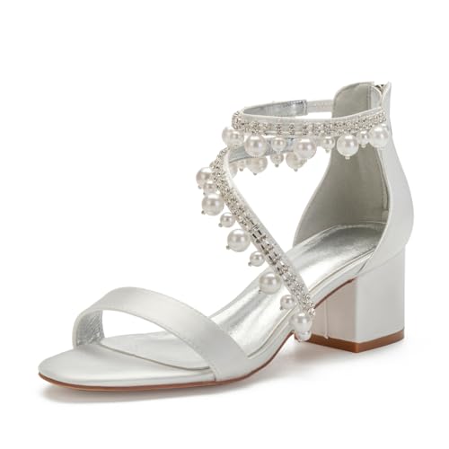 Damen Stämmiger Hoher Absatz Satin Hochzeit Sandalen Offene Zehe Abschlussball Party Kleid Schuhe Knöchelriemen Perle Brautschuhe Mit Reißverschluss,Elfenbein,42 EU von FQMAYPO